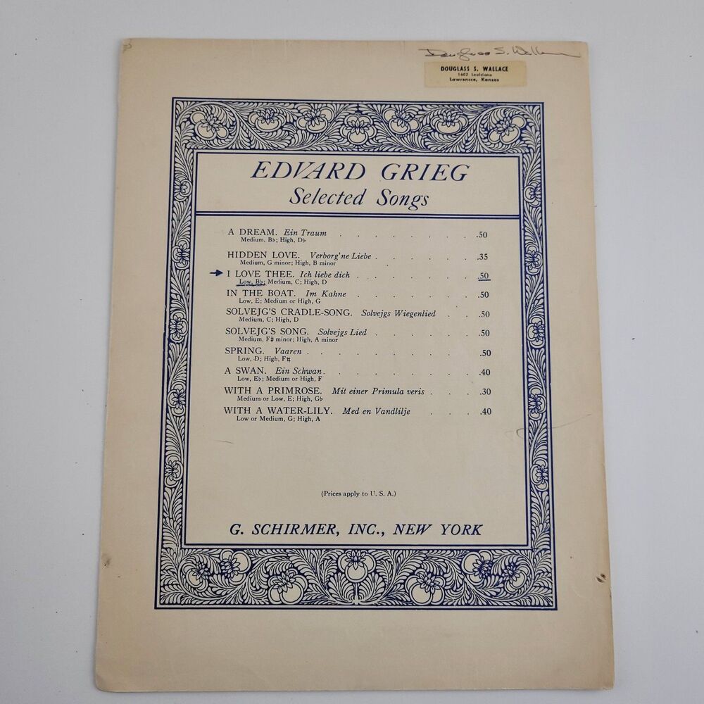 I LOVE THEE (Ich Liebe Dich) Grieg Medium Voice Piano Sheet Music 1911 #SM4